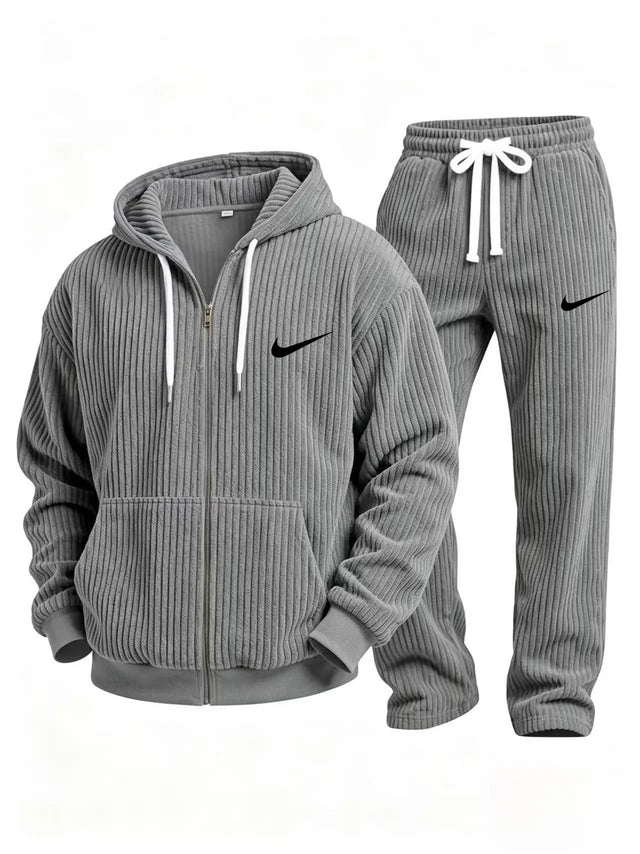 Corduroy zip-up hoodie and pants set