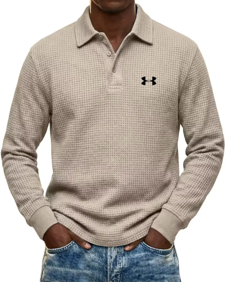 Pure Cotton Waffle-Knit Casual Long-Sleeve Polo Shirt