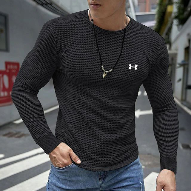Cotton Waffle-Knit Crew-Neck Stretch Long-Sleeve Athleisure T-Shirt