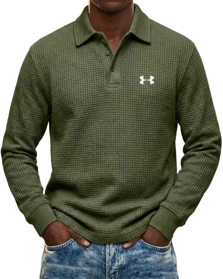 Pure Cotton Waffle-Knit Casual Long-Sleeve Polo Shirt