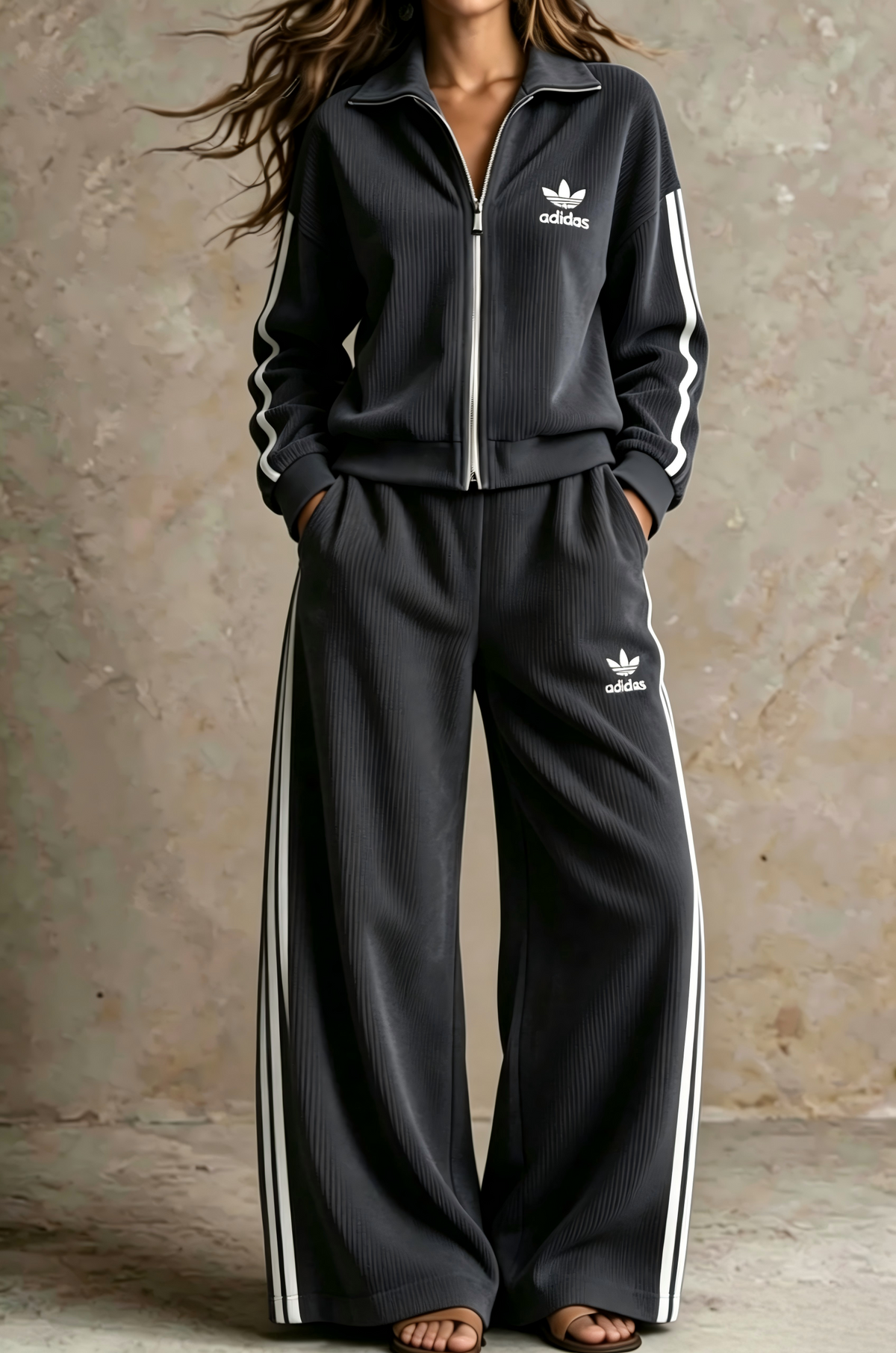 Ribbed Zip-Up Casual Two-Piece Set