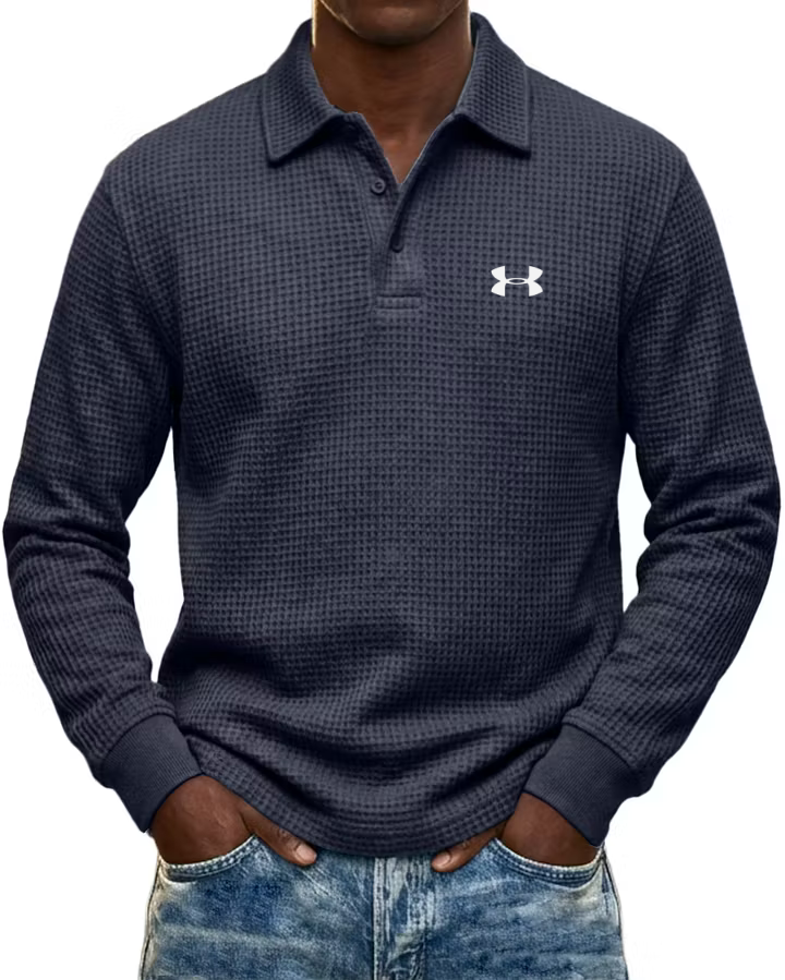 Pure Cotton Waffle-Knit Casual Long-Sleeve Polo Shirt