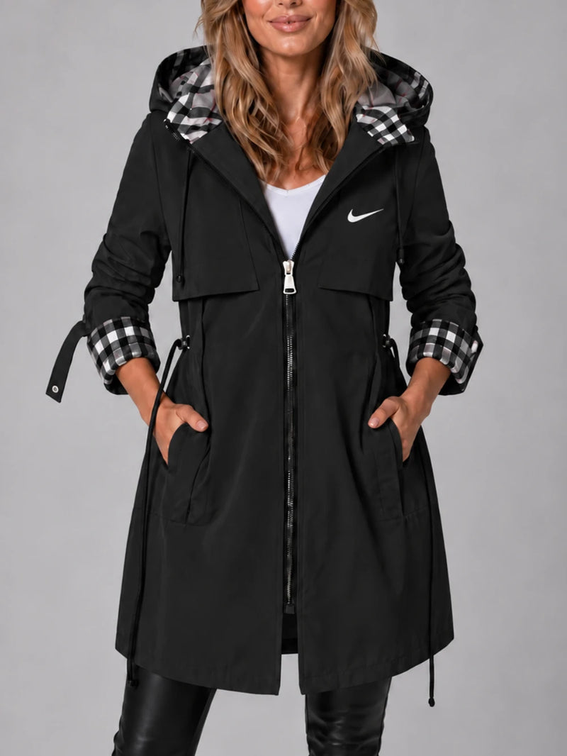 Long hooded zip-up coat