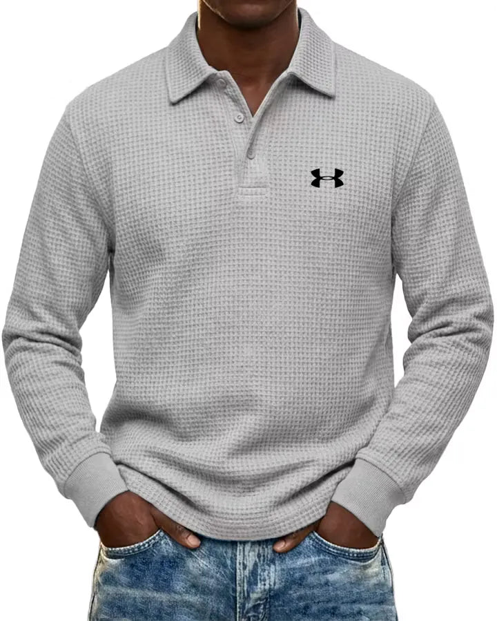 Pure Cotton Waffle-Knit Casual Long-Sleeve Polo Shirt