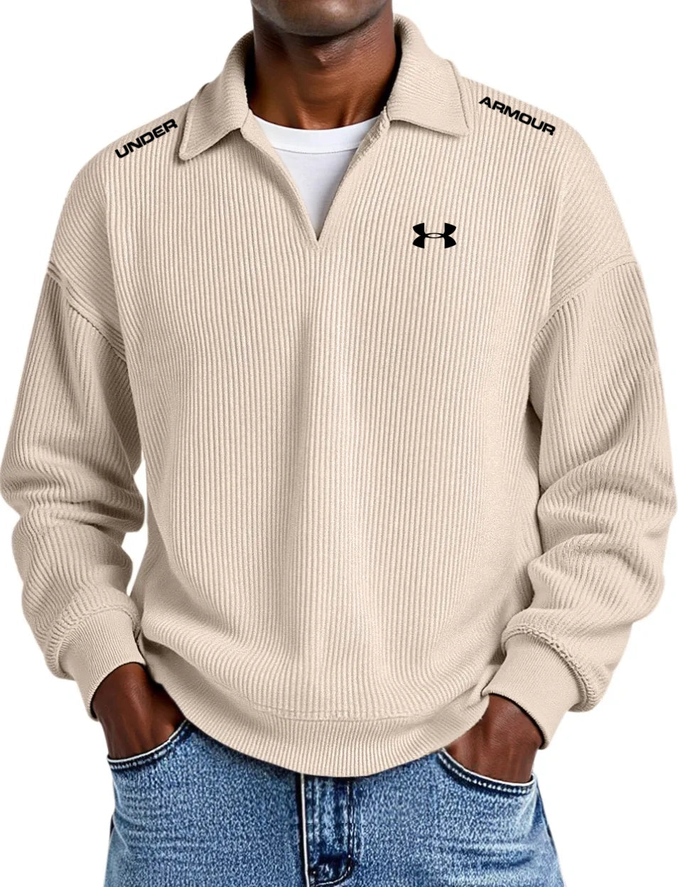 Pure Cotton Striped Corduroy Long-Sleeve Polo Shirt with Collar