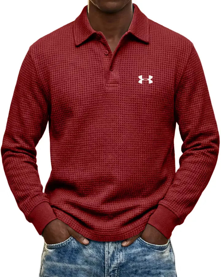 Pure Cotton Waffle-Knit Casual Long-Sleeve Polo Shirt