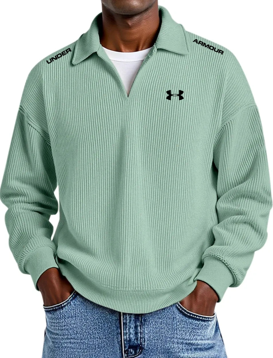 Pure Cotton Striped Corduroy Long-Sleeve Polo Shirt with Collar