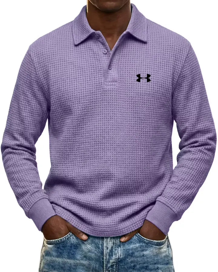 Pure Cotton Waffle-Knit Casual Long-Sleeve Polo Shirt