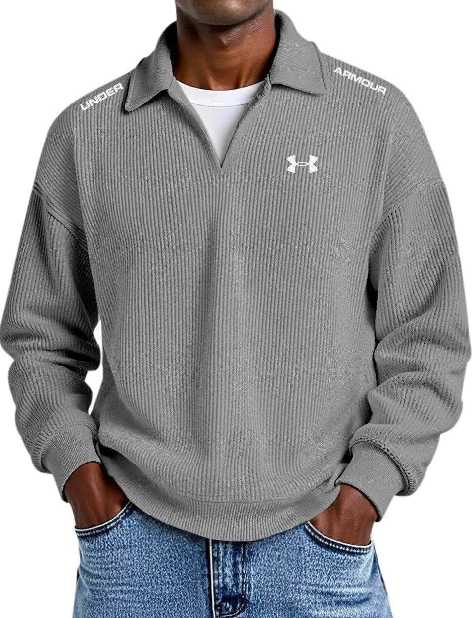 Pure Cotton Striped Corduroy Long-Sleeve Polo Shirt with Collar