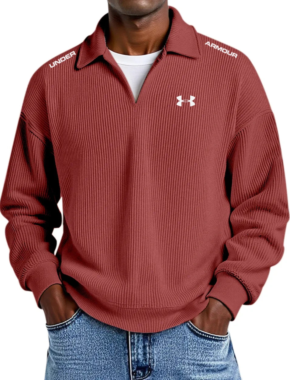 Pure Cotton Striped Corduroy Long-Sleeve Polo Shirt with Collar