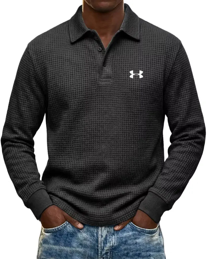Pure Cotton Waffle-Knit Casual Long-Sleeve Polo Shirt