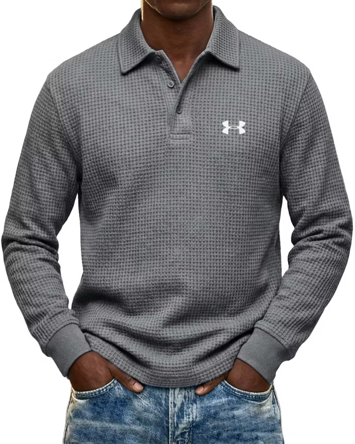Pure Cotton Waffle-Knit Casual Long-Sleeve Polo Shirt