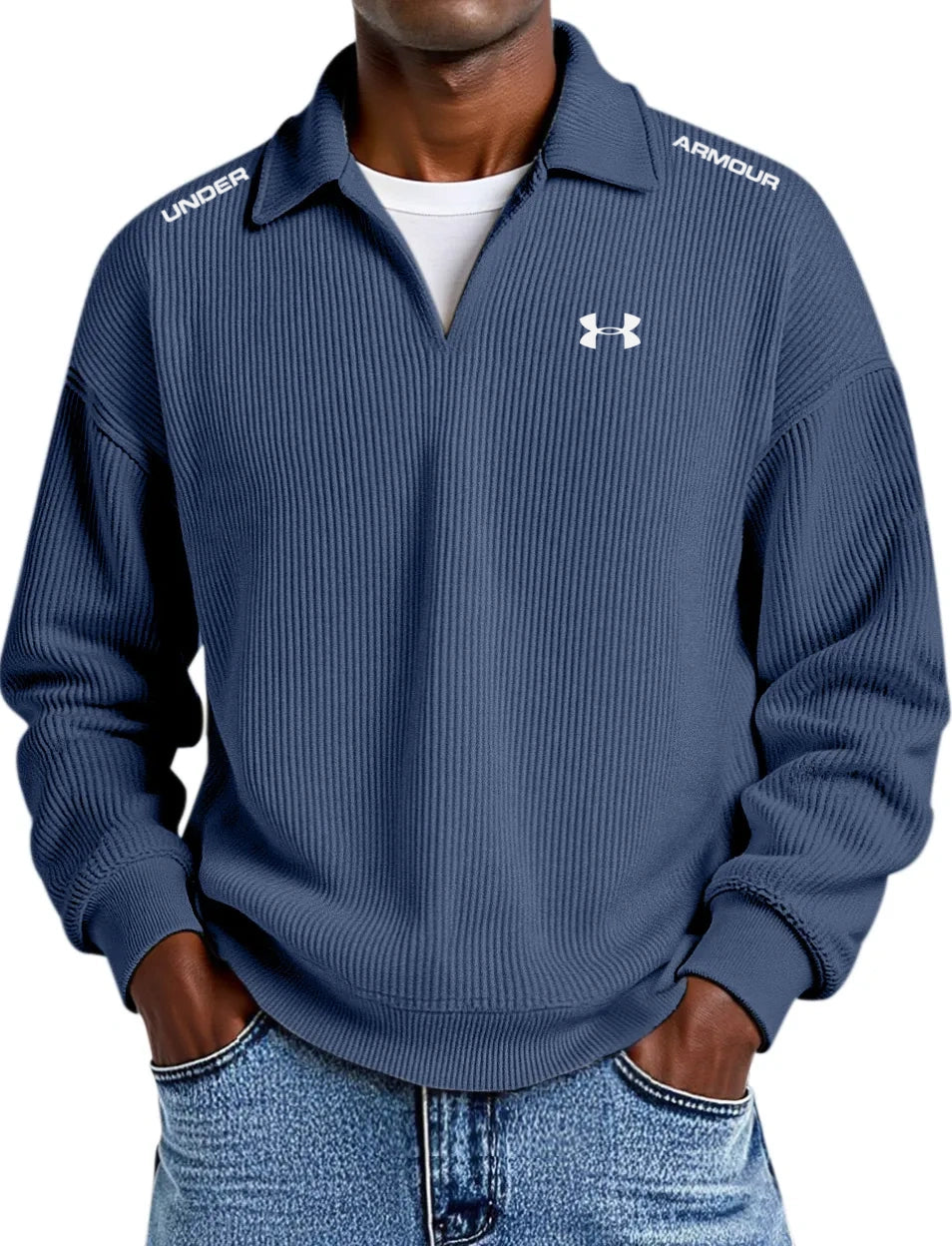 Pure Cotton Striped Corduroy Long-Sleeve Polo Shirt with Collar