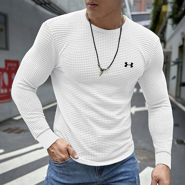 Cotton Waffle-Knit Crew-Neck Stretch Long-Sleeve Athleisure T-Shirt