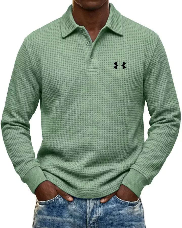 Pure Cotton Waffle-Knit Casual Long-Sleeve Polo Shirt