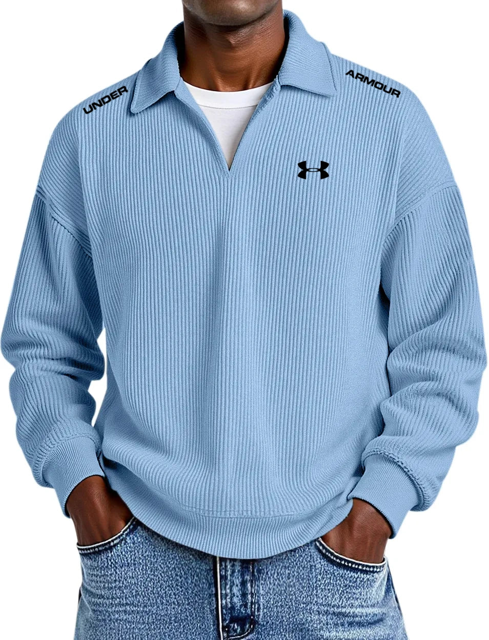 Pure Cotton Striped Corduroy Long-Sleeve Polo Shirt with Collar