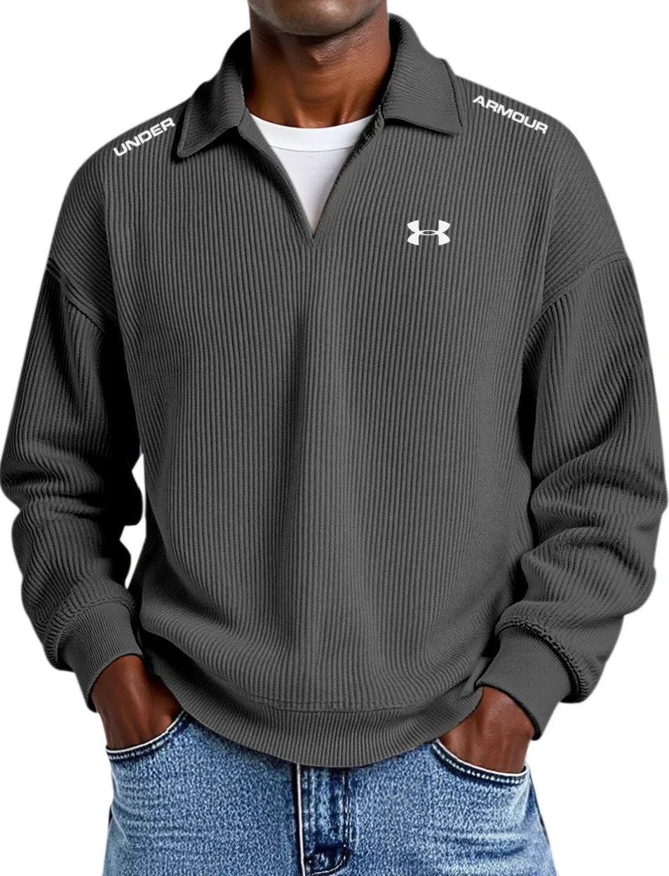 Pure Cotton Striped Corduroy Long-Sleeve Polo Shirt with Collar