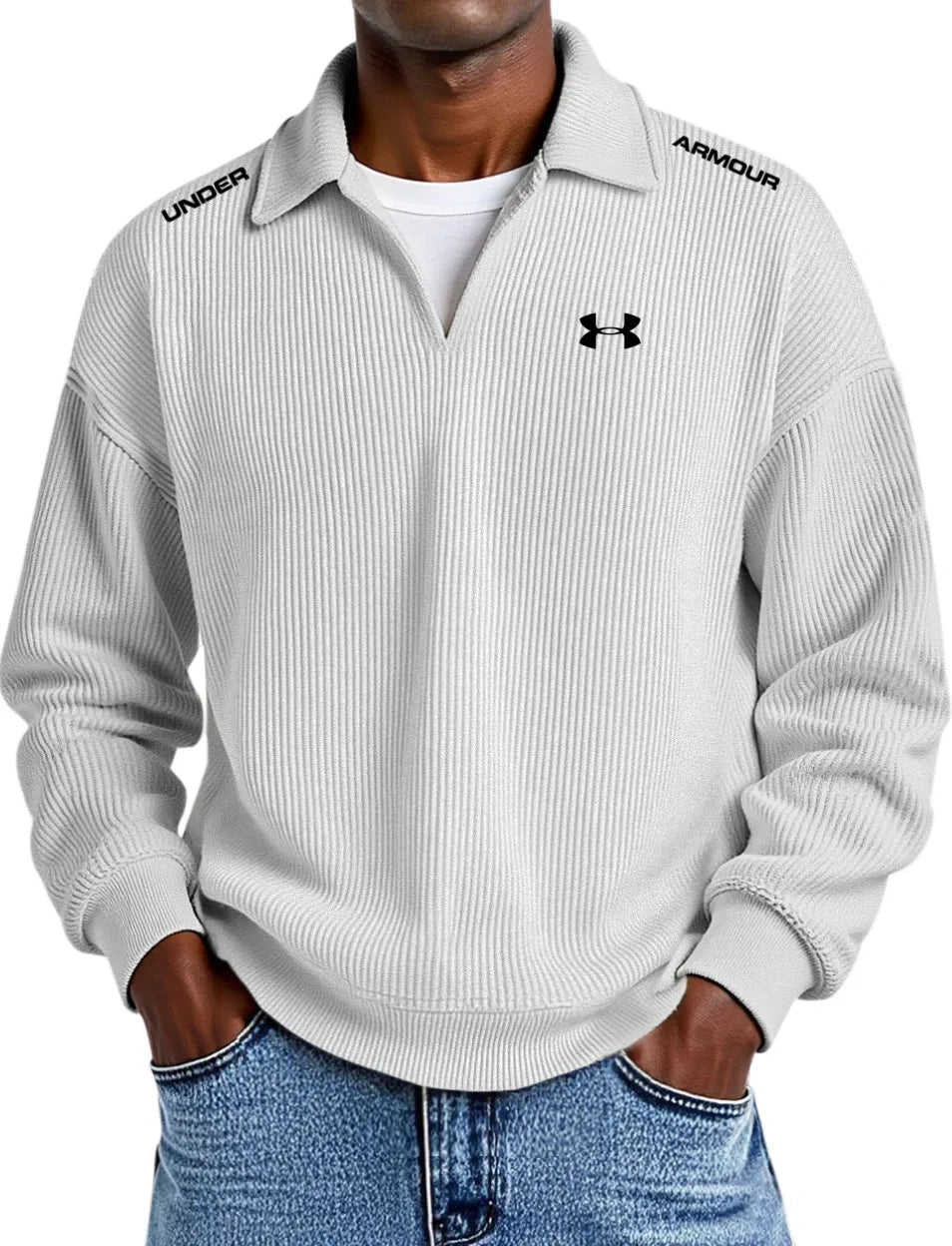 Pure Cotton Striped Corduroy Long-Sleeve Polo Shirt with Collar