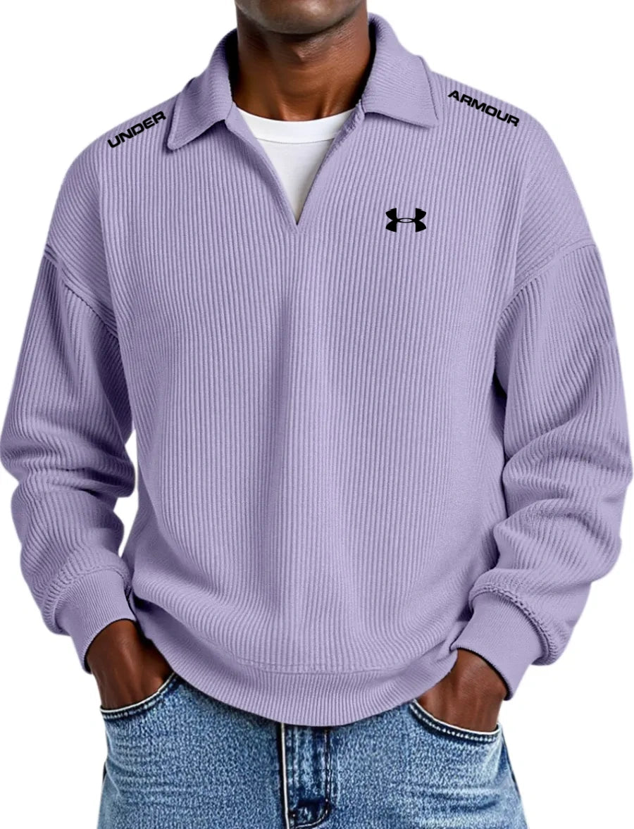 Pure Cotton Striped Corduroy Long-Sleeve Polo Shirt with Collar