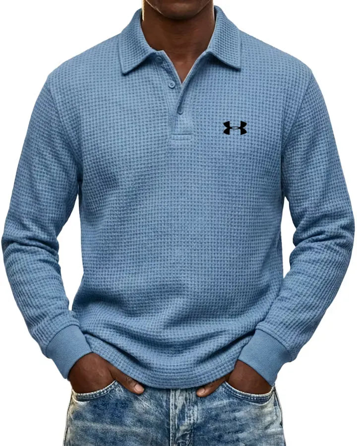 Pure Cotton Waffle-Knit Casual Long-Sleeve Polo Shirt