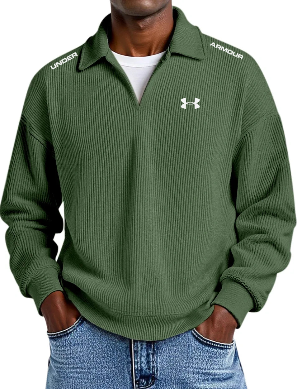 Pure Cotton Striped Corduroy Long-Sleeve Polo Shirt with Collar