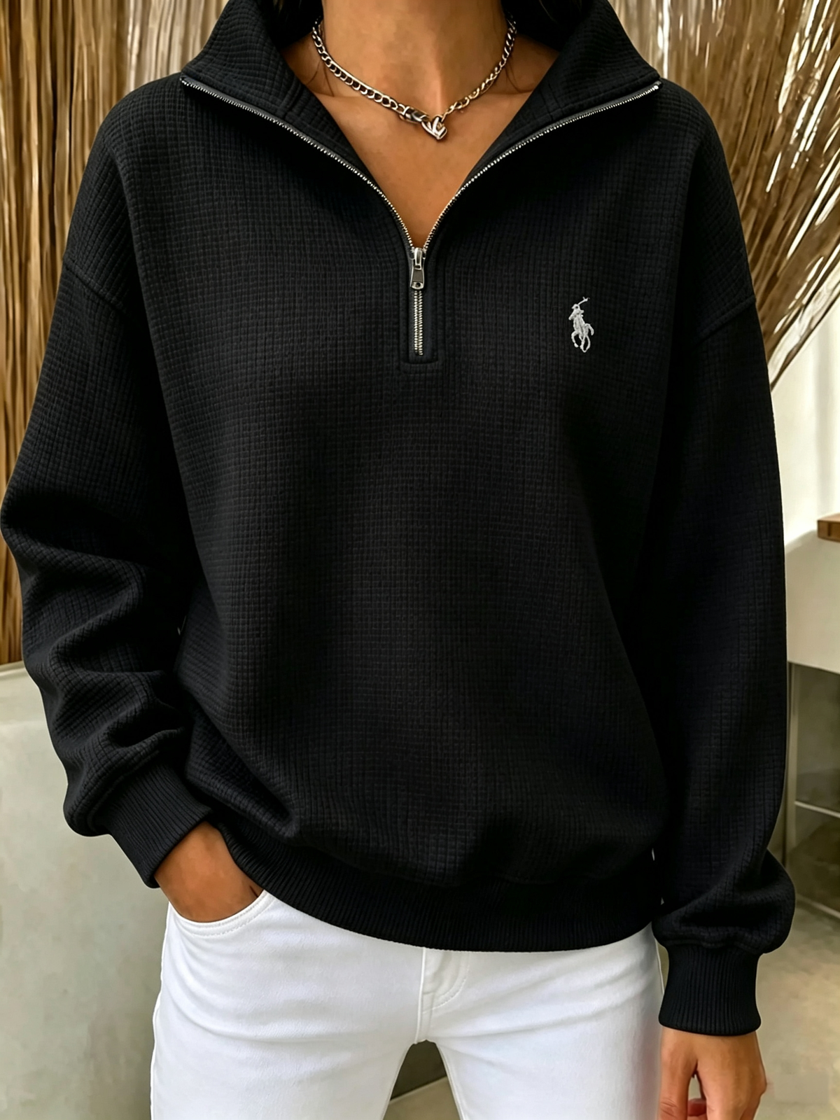 🔥 Waffle-Knit Half-Zip Sweatshirt